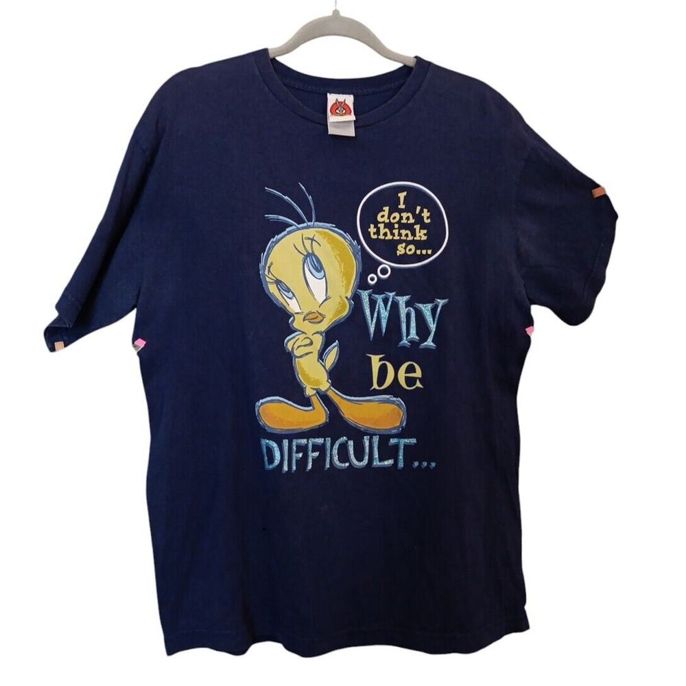 Why Be Difficult 90's Looney Tunes WB Tweety Bird 2-Sided‎ TShirt Sz L Vtg READ